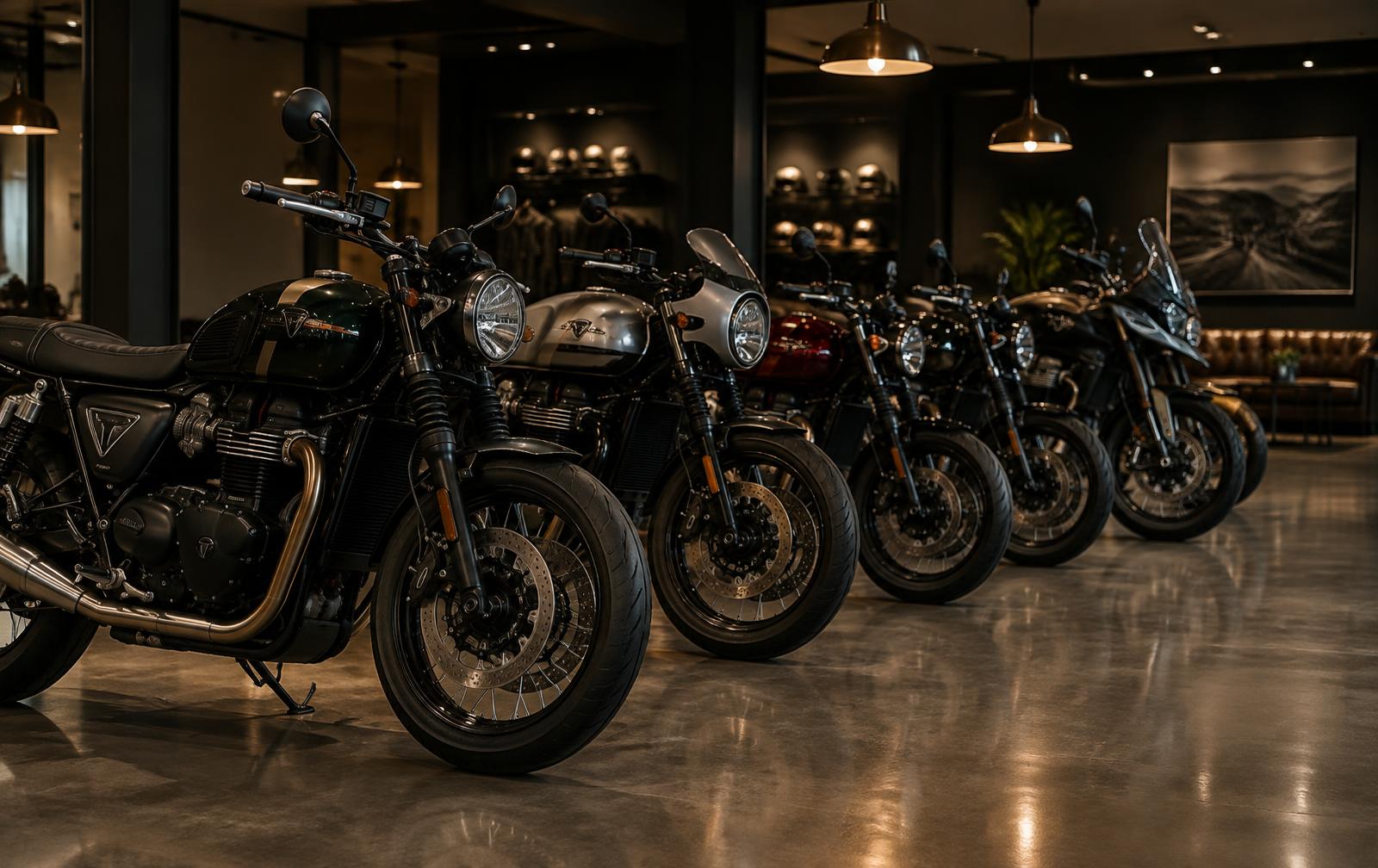 Motorcycles displayed inside a dealership